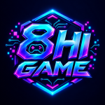 8HI GAME neon gaming logo with futuristic blue and purple effects